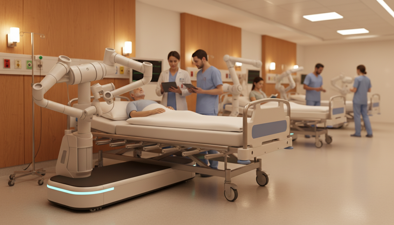 "A warm, modern ICU ward showing the ErgoBot's space-saving design docked under a patient bed to prevent ICU Acquired Weakness without obstructing medical staff."