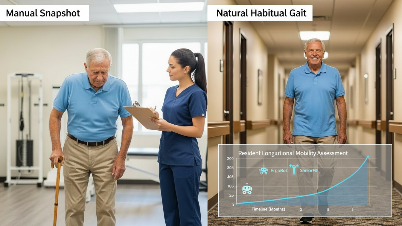 Infographic comparing manual gait snapshots with a PhysioEye Longitudinal Mobility Assessment, showing how Robotic Assisted Rehabilitation with ErgoBot drives measurable recovery and accurate Pflegegrad documentation.