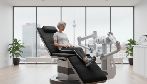A senior patient undergoing Robotic Hip Fracture Rehabilitation using the ErgoBot system in a modern German medical facility, highlighting precision technology in elder care.