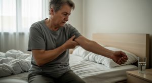 A stroke survivor struggling to manually straighten a stiff arm in the morning, illustrating the daily burden of limited mobility that Robotic Spasticity Management is designed to alleviate.