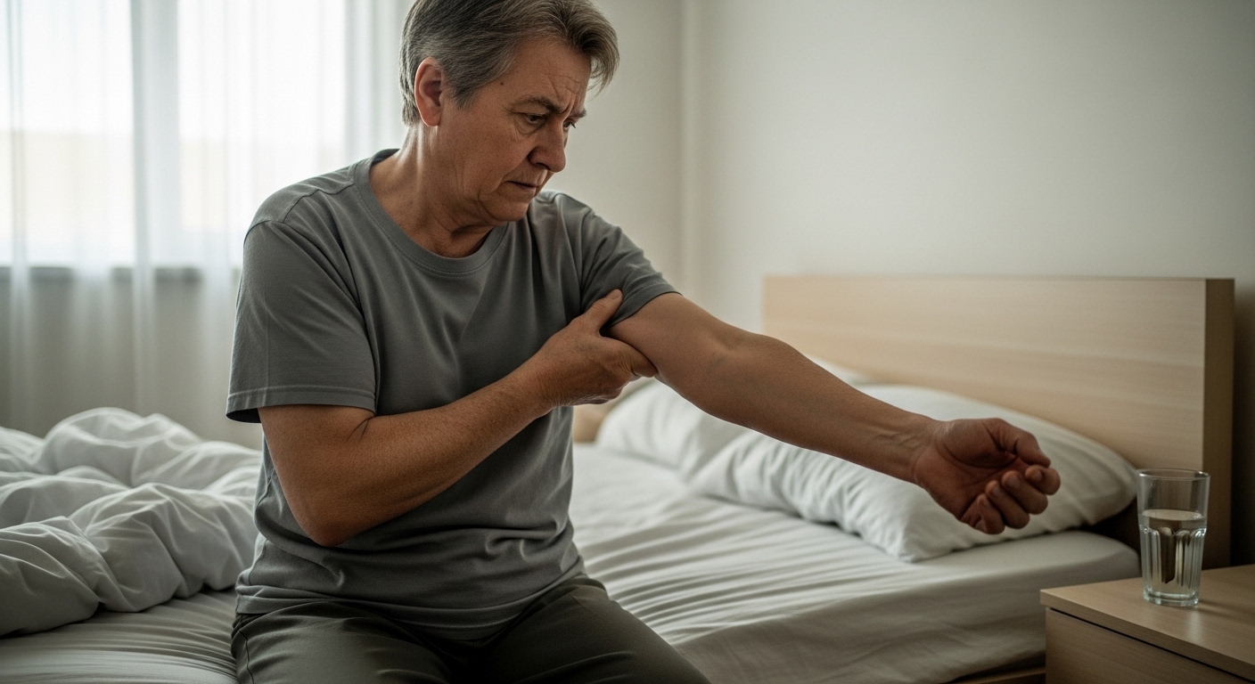 A stroke survivor struggling to manually straighten a stiff arm in the morning, illustrating the daily burden of limited mobility that Robotic Spasticity Management is designed to alleviate.
