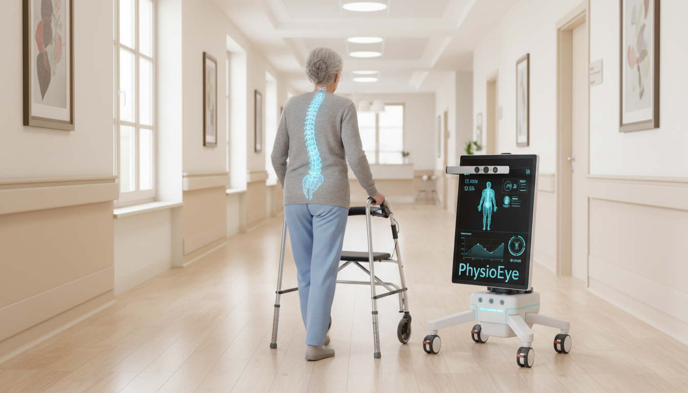 A medical display showing a real-time 3D skeletal assessment of an elderly patient, using AI to visualize lordosis and kyphosis angles for accurate Spinal Curvature Deformity diagnosis.