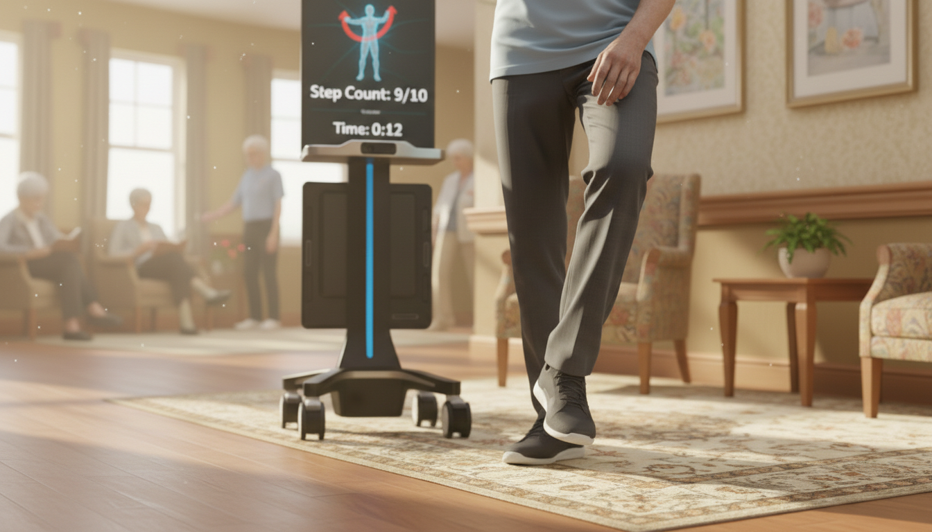 A senior patient performing an automated 360 Degree Turn Test in front of the PhysioEye AI assessment unit to evaluate fall risk and turning ability for long-term independence.