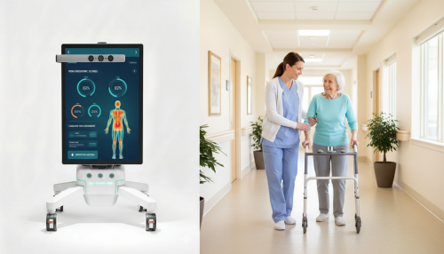 Touchscreen displaying an AI Ergonomics Assessment dashboard with 3D caregiver body mapping and REBA risk scores, while a nurse assists an elderly resident in the background.