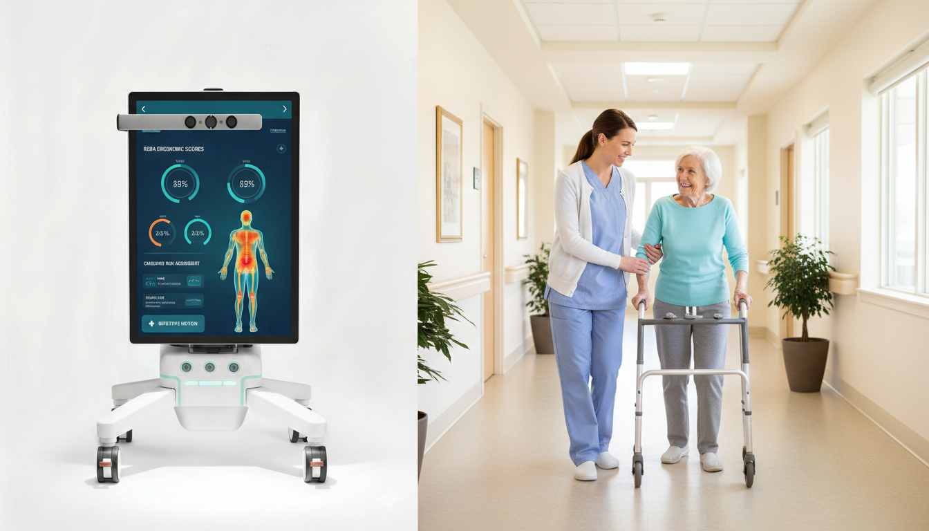 Touchscreen displaying an AI Ergonomics Assessment dashboard with 3D caregiver body mapping and REBA risk scores, while a nurse assists an elderly resident in the background.