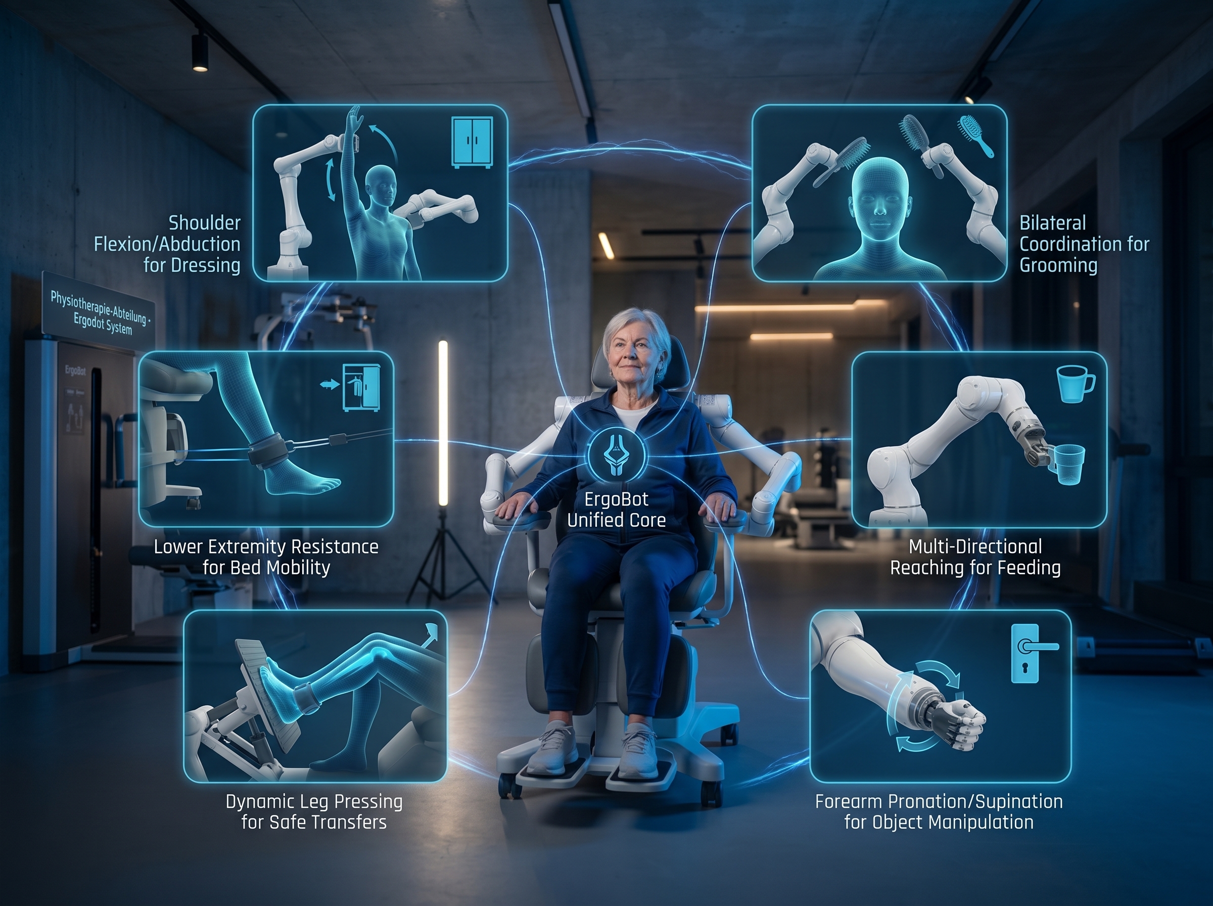 A visual comprehensive layout demonstrating how the versatile ErgoBot rehabilitation system flawlessly executes 6 critical robotic motions to build the strength and coordination needed for activities of daily living
