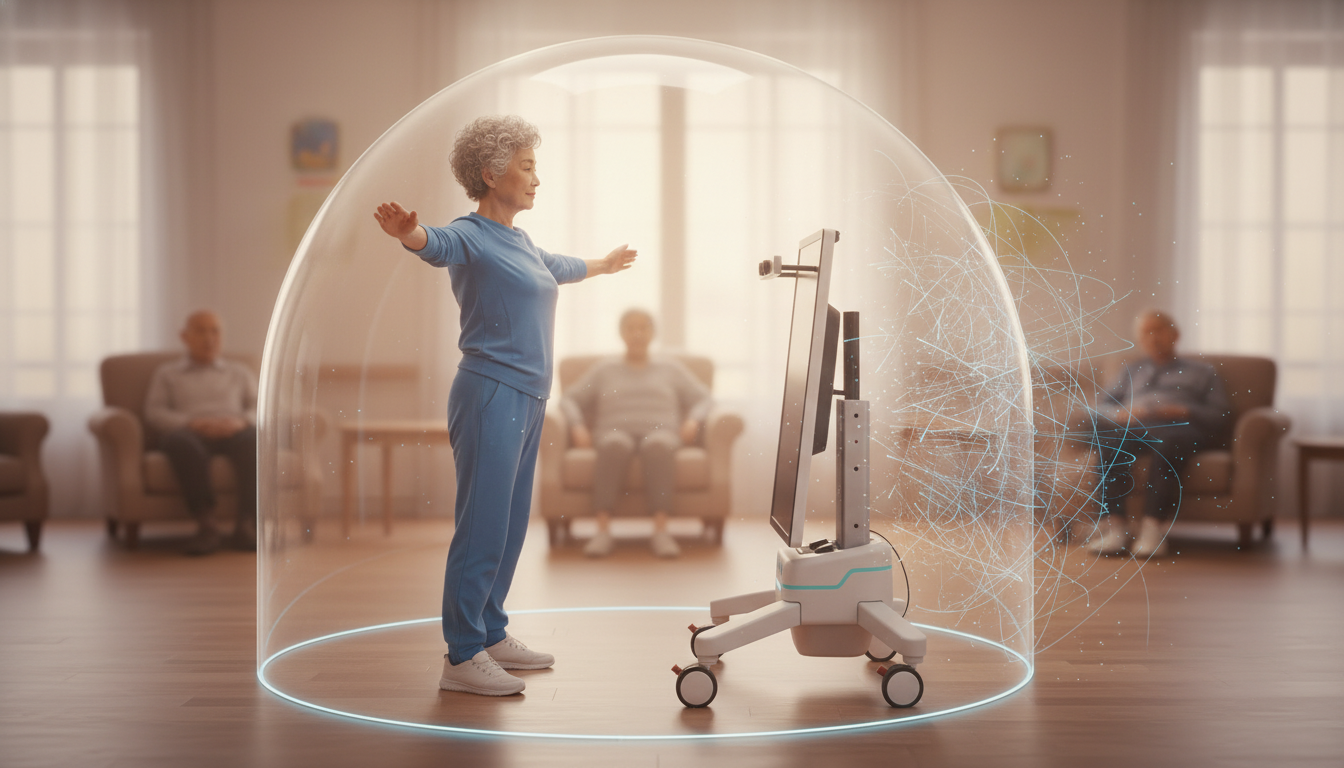 "A conceptual visualization of GDPR compliance and data security in elder care, demonstrating how PhysioEye uses on-device, closed-loop processing to keep sensitive biomechanical data local and protected from the cloud privacy trap."