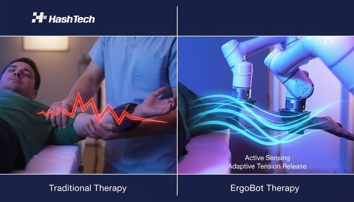 A patient receiving pain-free spasticity treatment using the ErgoBot system, demonstrating how Active Sensing technology safely adapts to muscle resistance better than manual stretching.