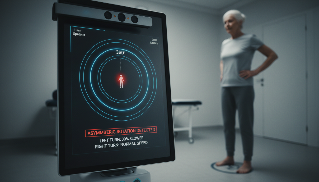 A senior patient performing the 360° Turn Test while the PhysioEye AI kiosk captures micro-instabilities and fall risks that traditional manual clinical exams often miss