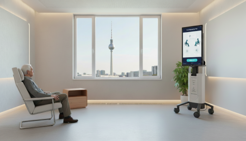 A smart nursing home using the automated PhysioEye AI sensor to screen an elderly man during a Timed Up and Go Fall Risk test.