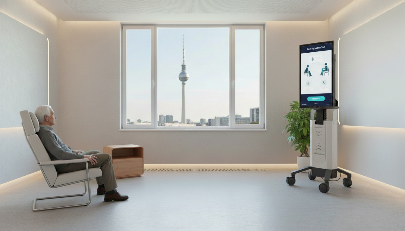 A smart nursing home using the automated PhysioEye AI sensor to screen an elderly man during a Timed Up and Go Fall Risk test.