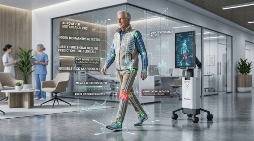 "A conceptual visualization demonstrating how the contactless PhysioEye AI system instantly captures the invisible kinematic biomarkers of Frailty Syndrome in Geriatrics patients, translating subtle movement shifts into actionable medical data."