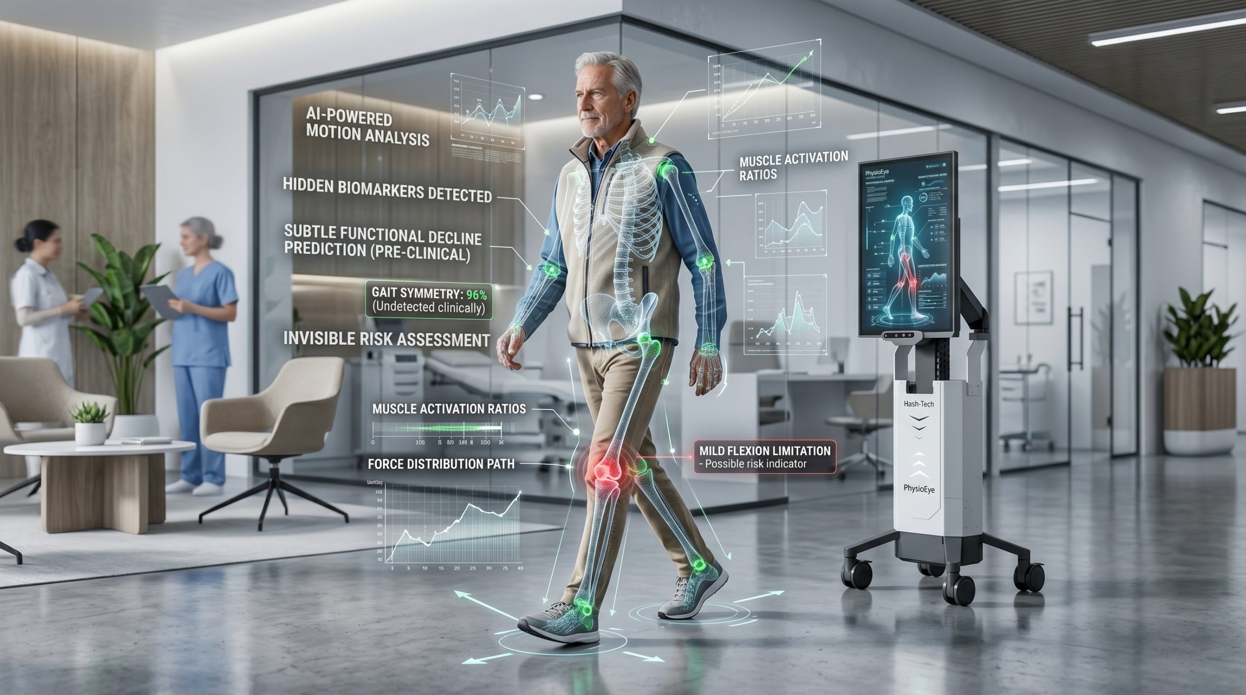 "A conceptual visualization demonstrating how the contactless PhysioEye AI system instantly captures the invisible kinematic biomarkers of Frailty Syndrome in Geriatrics patients, translating subtle movement shifts into actionable medical data."