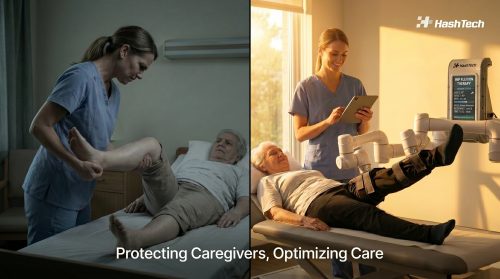 Robotic Assisted Elderly Care in a modern nursing home setting, featuring the ErgoBot system providing predictive health data and protecting facility caregivers