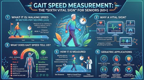 "A visual representation of gait speed measurement as the 'Sixth Vital Sign' for seniors, demonstrating how tracking walking velocity helps geriatricians predict long-term health, mobility, and independence."