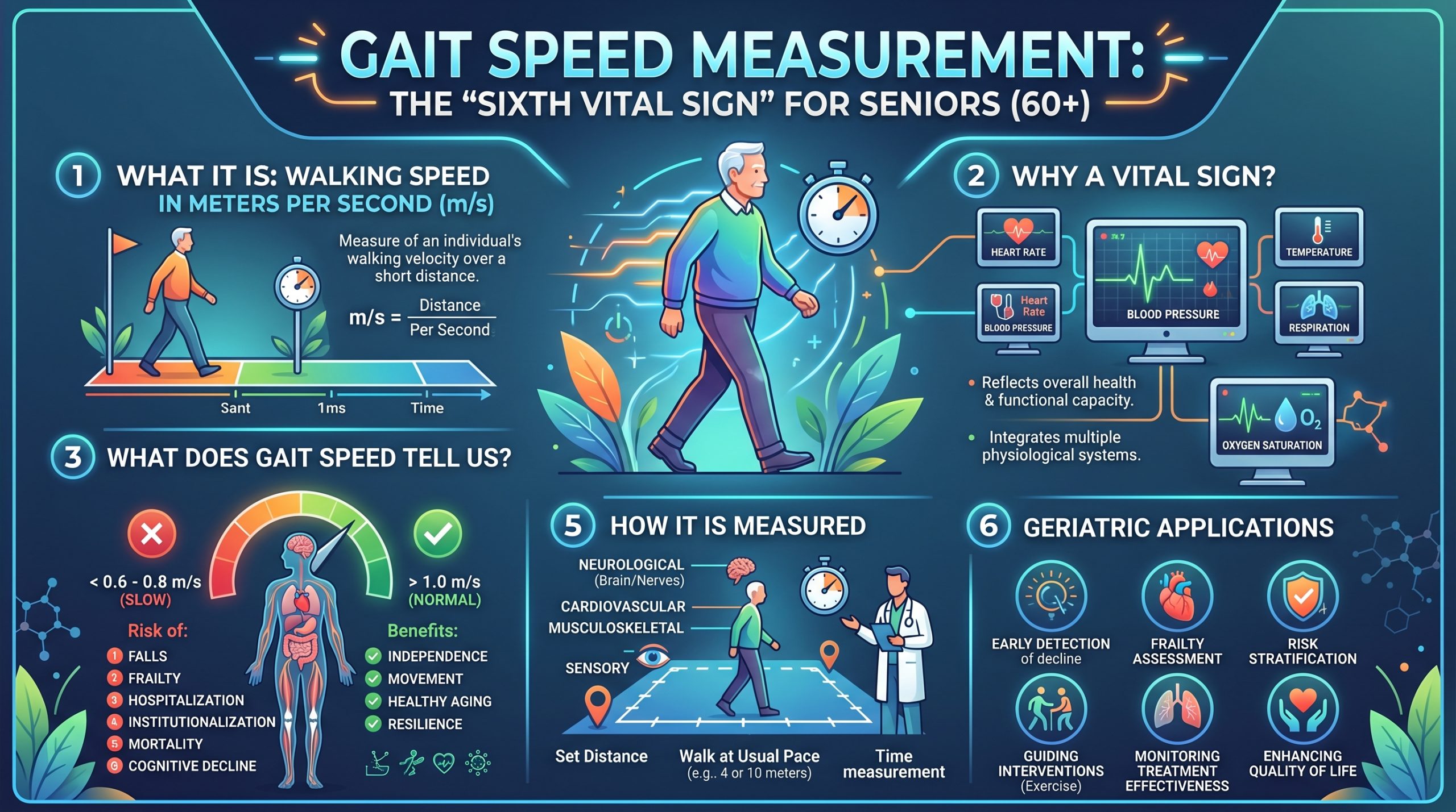 "A visual representation of gait speed measurement as the 'Sixth Vital Sign' for seniors, demonstrating how tracking walking velocity helps geriatricians predict long-term health, mobility, and independence."