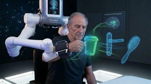 "A conceptual medical visualization demonstrating how the ErgoBot rehabilitation system accelerates neuroplasticity training and brain rewiring after severe trauma through high repetition, active intent, and targeted feedback."