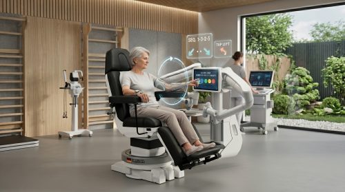 A visual representation of Cognitive-Motor Therapy in robotic-assisted elderly care, demonstrating how ErgoBot integrates gamified executive function, errorless learning, fear-free exertion, and closed-loop tracking to rehabilitate the brain and body.