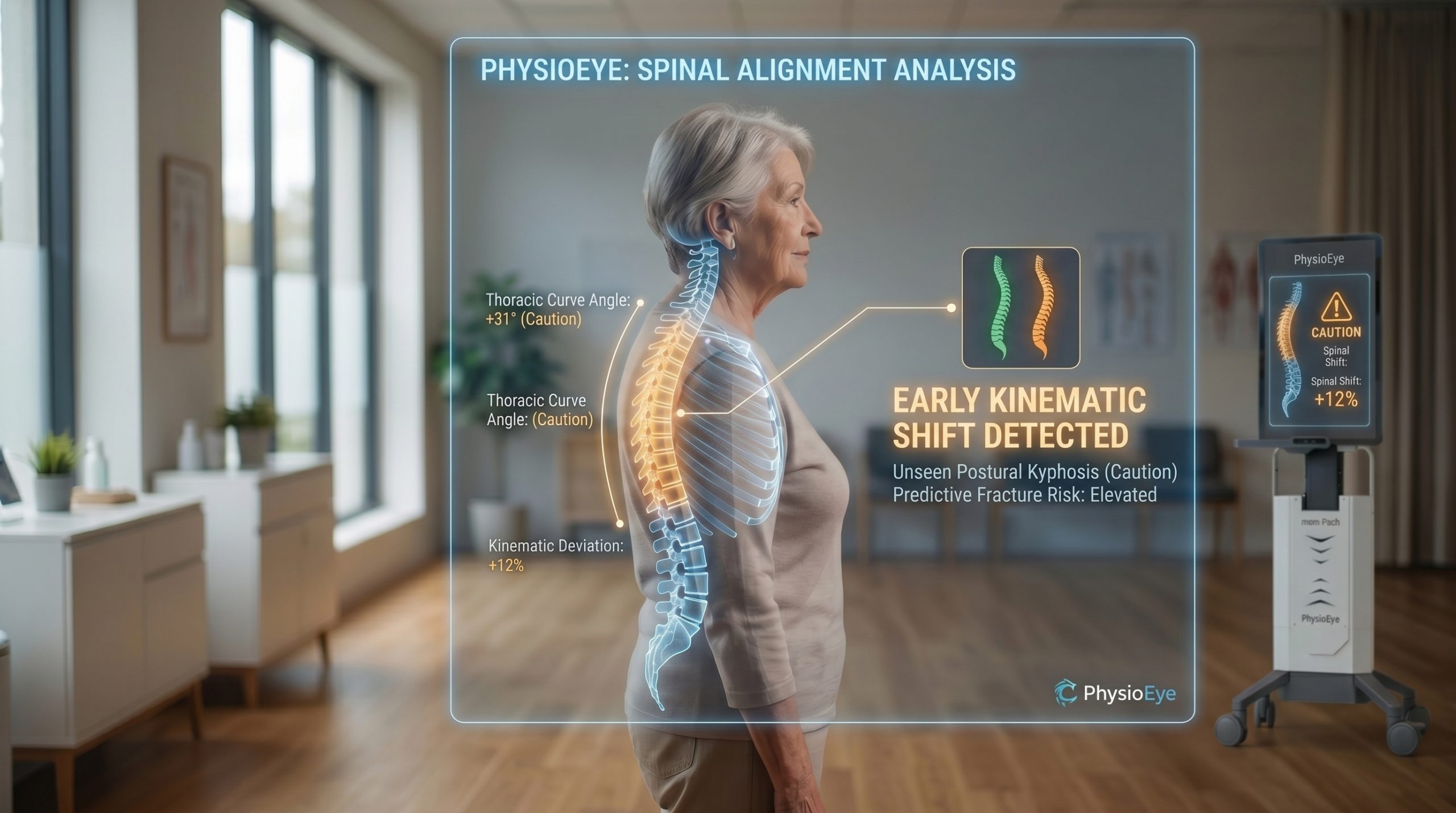 "A profile view of an older woman undergoing a holographic Spinal Alignment Analysis by PhysioEye. The digital overlay detects and highlights specific Osteoporosis Warning Signs, including early kinematic shifts, unseen postural kyphosis, and an elevated predictive fracture risk in her spine."