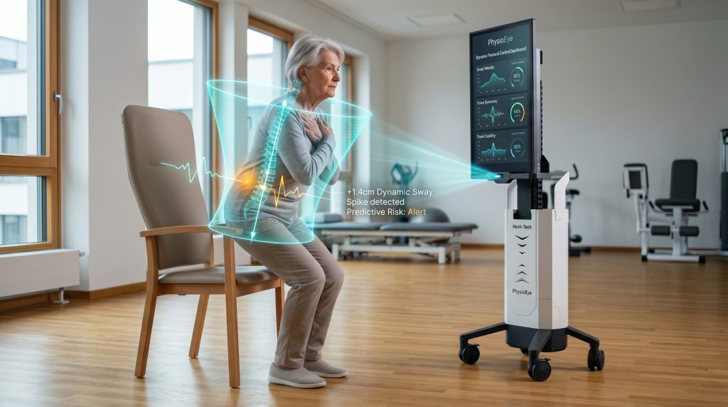 "A visual comprehensive representation of dynamic postural sway assessment during a sit-to-stand movement, demonstrating how the PhysioEye AI system tracks a patient's adaptive stability cone, movement trajectory, and invisible micro-wobbles to predict fall risk."