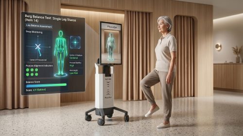 "An elderly woman accurately performing the single-leg stand for the Berg Balance Test in a modern clinic. The PhysioEye AI system tracks her balance and timer in real-time on a digital screen, visualizing the shift away from a traditional clinical clipboard."