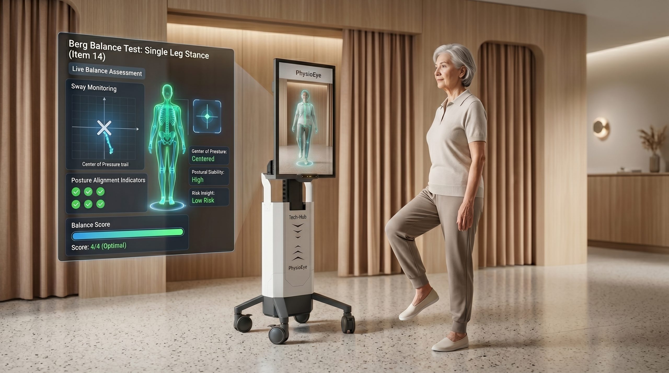 "An elderly woman accurately performing the single-leg stand for the Berg Balance Test in a modern clinic. The PhysioEye AI system tracks her balance and timer in real-time on a digital screen, visualizing the shift away from a traditional clinical clipboard."